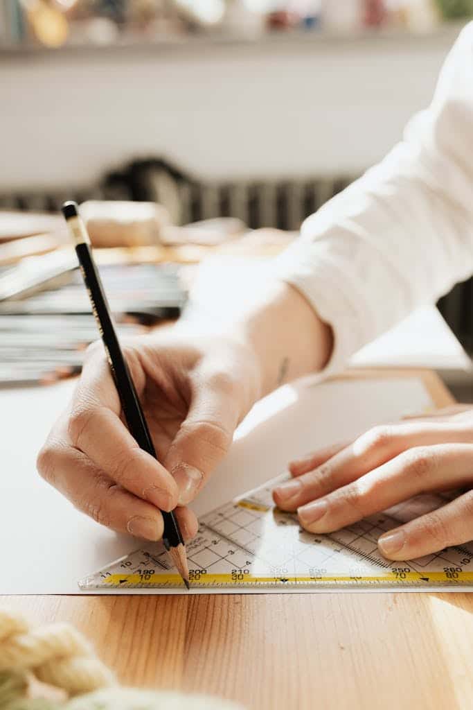 Close-up of a person sketching with a pencil and ruler, capturing precision and artistry.