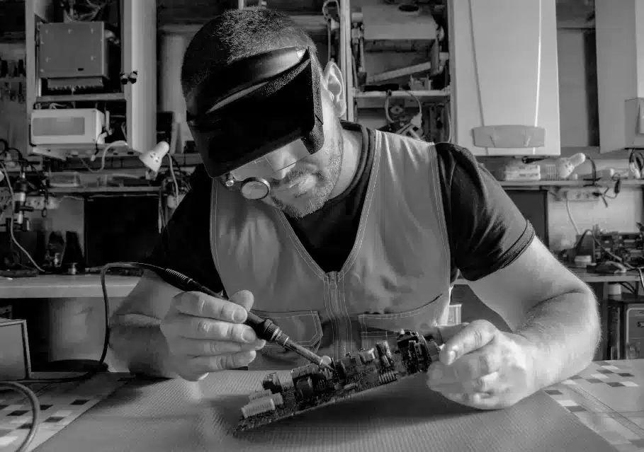 HR Solutions. Man working at workbench repairing electronics.