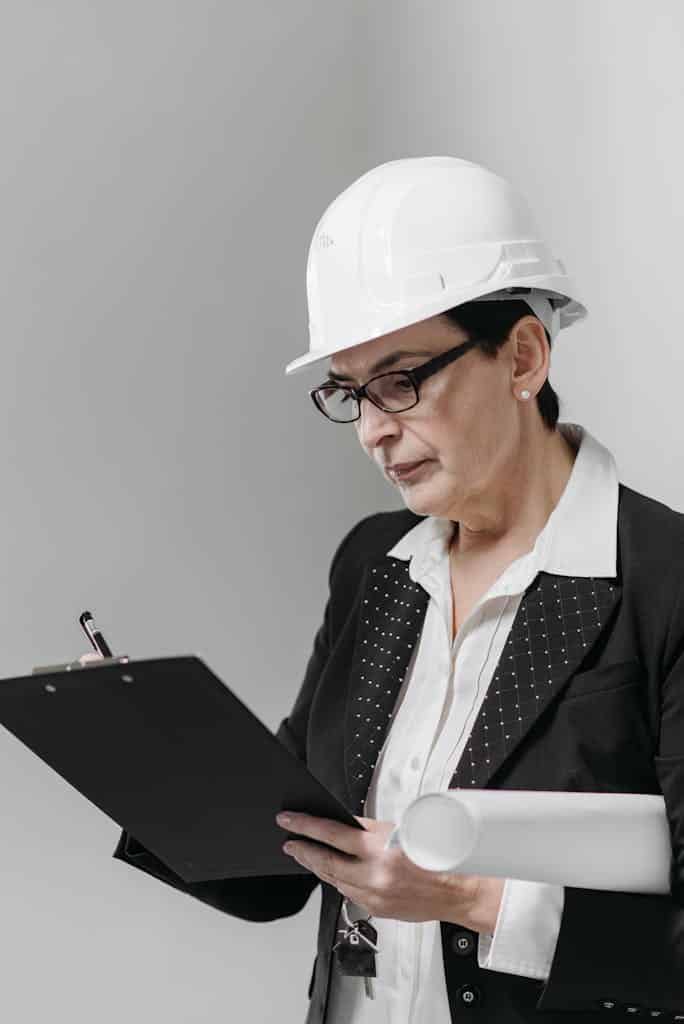 Middle-aged woman architect with eyeglasses and hard hat reviews construction plans indoors.